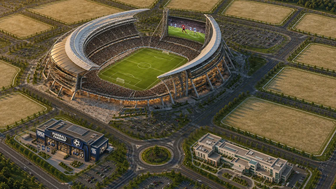 Vereinsgelände mit Großstadion; Fanshop und Medienhaus in Ausbaustufe 1.