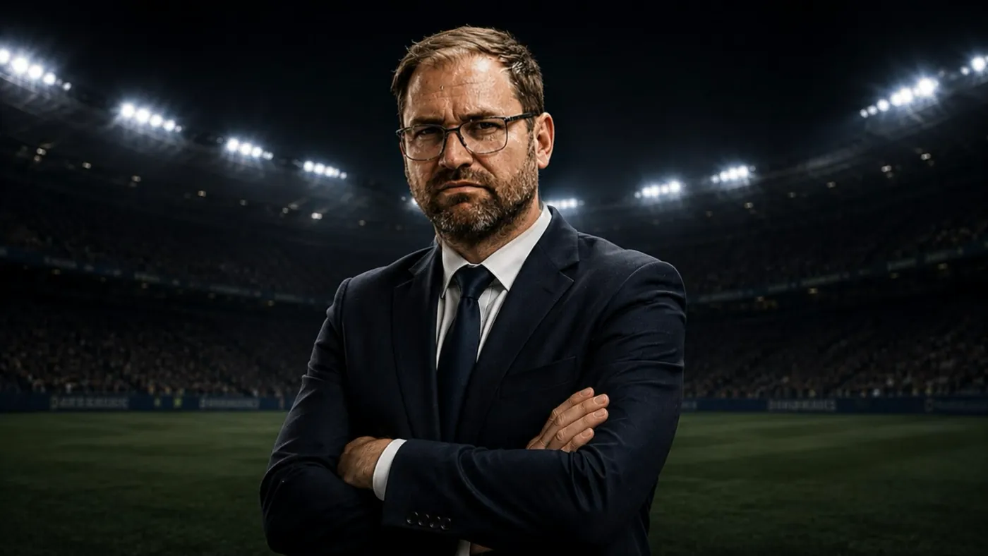 Ein Trainer im Anzug steht mit verschränkten Armen im nächtlichen Stadion.
